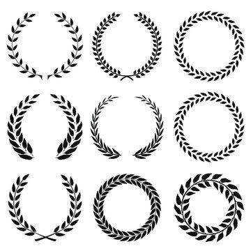 Set of black and white rounded laurel foliate and wheat wreaths