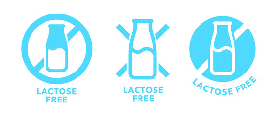 Lactose free icon set. Contains no lactose label for healthy daiy food product package. Blue cow milk bottle sign design element.