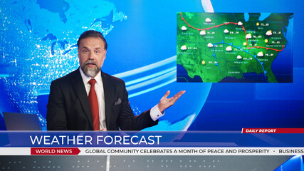 Live News Studio Professional Anchor Reporting on Weather Forecast. Weatherman, Meteorologist,...
