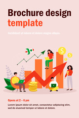 Startup team with laptops analyzing growth chart. Tiny sales managers using computers at increase diagrams and rocket. Vector illustration for successful business project, finance, analysis concept