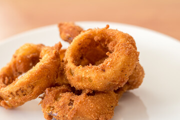 Detail of fried breaded onion rings on platter as appetizer.