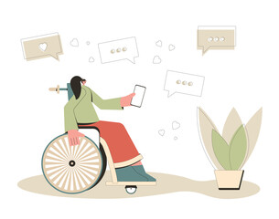 Young woman with disabilities sitting in wheelchair with phone. Female character holding a mobile and texting a message. Adult person in wheel chair talking with friends with social media.