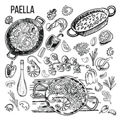 Paella, seafood. Delicious rice meal, Spain. Graphics, sketch, vector illustration.