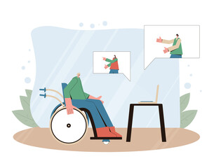 Video call concept. Online communication with family. Grandmother talking with her grandchildren. Senior woman communication with young people. Female wheelchair person  with laptop. Vector.