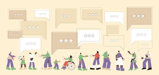 Online messager concept. Didital information technology. Adult characters and children with phones, tablets, laptop, computers. Female and male persons  talking to each other with gadgets.