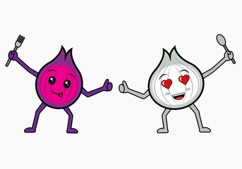 Onion and Garlic shaped vector with cute face posing on white background