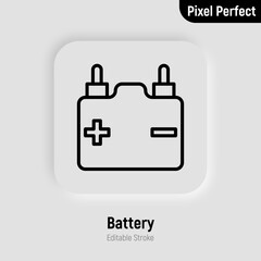 Car battery or accumulator thin line icon. Pixel perfect, editable stroke. Vector illustration.