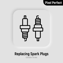 Car service: replacing spark plugs. Thin line icon. Pixel perfect, editable stroke. Vector illustration.