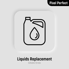 Car service: oil replacement, oil canister thin line icon. Pixel perfect, editable stroke. Modern vector illustration.