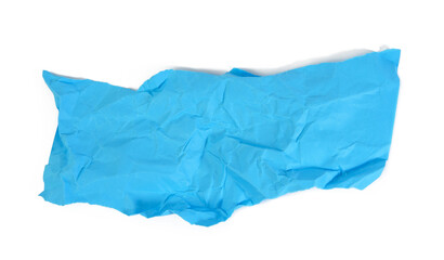 crumpled blue cardboard sheet of paper isolated on white background