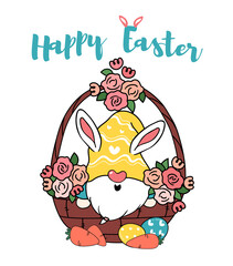 Cute bunny gnome in egg flower basket, happy Easter cartoon doodle vector