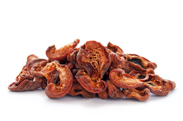 Apricot halves were dried in a fruit dryer, organic product on the white background