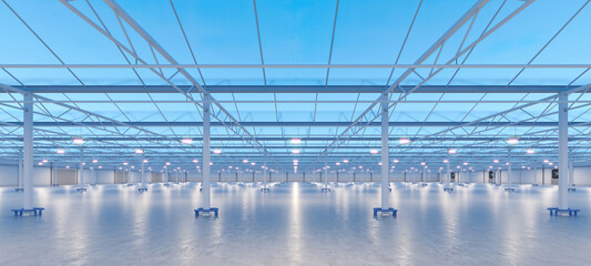 Big industrial greenhouse interior. Hydroponic indoor vegetable plant factory. Green salad farm. Concrete floor. 3D render