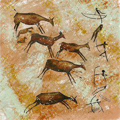 Rock painting in a cave, hunters and a herd of antelopes. Vector illustration.