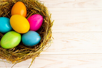 happy easter easter eggs in a nest with space for text