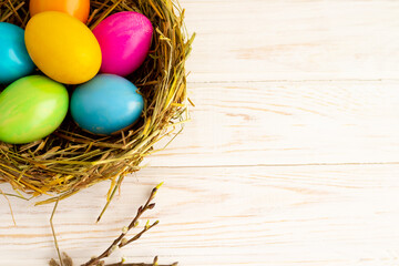 happy easter easter eggs in a nest with space for text