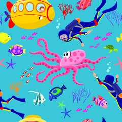 Seamless pattern, diving, marine life, submarine, divers, fish in the underwater world. Vector illustrations. Colour.