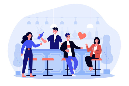 Cheerful people relaxing in bar and drinking alcohol. Glass, date, bartender flat vector illustration. Weekend and leisure concept for banner, website design or landing web page