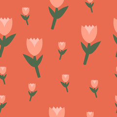 Fototapeta na wymiar Gorgeous seamless pattern with cute flat pink tulips. Endless floral design with spring flowers for printing. Flowers for background, fabric, wrapping paper. 8 March. Women’s day. Trendy colors. 