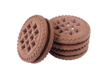 Brown chocolate round cookies in a stack isolated on white background