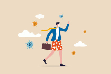 COVID-19 change working habit, post pandemic future or working from home or remote work productivity concept, confidence businessman wearing suit and shorts and face mask with Coronavirus pathogen.