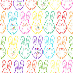 Chalk Easter bunny background. Children drawing rabbits hand drawn wax crayons art on white. Crayon style bunny backdrop. Color pastel crayons freehand drawn bunnys background. Fabric Easter texture.
