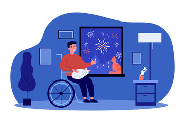 Handicapped man looking at fireworks from home. Invalid, cat, wheelchair flat vector illustration. Entertainment and disability concept for banner, website design or landing web page