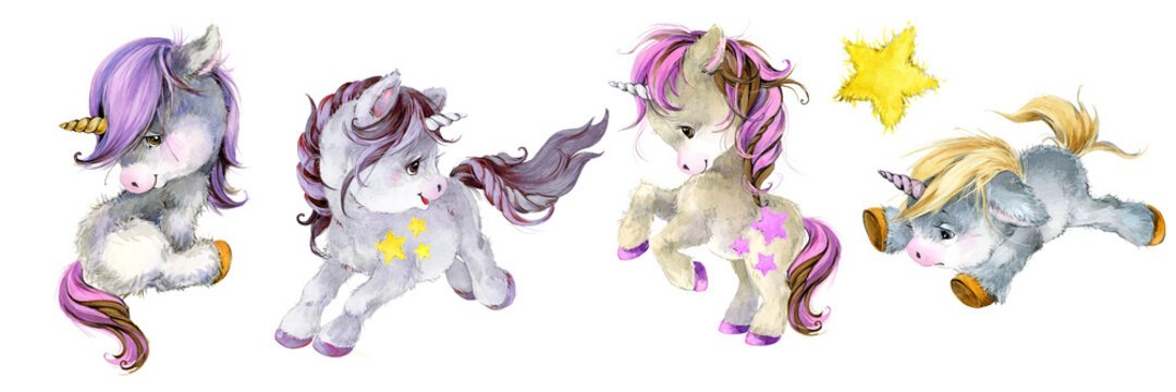 Cute Unicorn watercolor hand drawn illustration set. cartoon pony