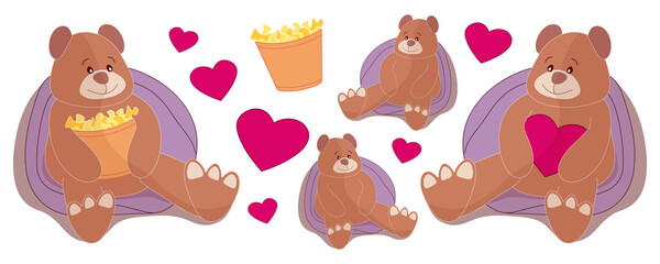 Set of brown teddy bears holding a heart and popcorn in their paws. Children's stock vector illustration isolated on white background. Cartoon illustration, separate elements - bear, heart, popcorn.
