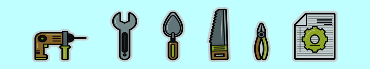 Tool icon set with lots of construction or DIY tools including level, pneumatic and many others. vector illustration isolated on blue background