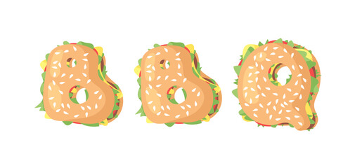 Hand Drawn Cartoon Burger Alphabet Fast Food Vector Font. Tasty Illustration Meal and Text. Flat Style Collection