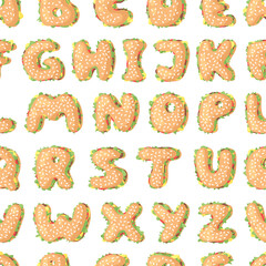 Hand Drawn Cartoon Burger Alphabet Seamless Pattern. Fast Food Vector Font. Tasty Illustration Meal and Text. Flat Style Collection