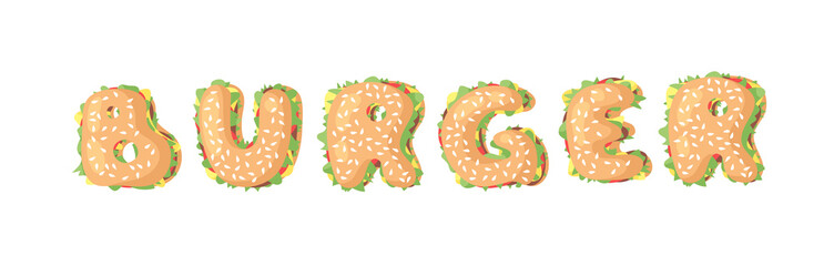 Hand Drawn Cartoon Burger Alphabet Fast Food Vector Font. Tasty Illustration Meal and Text. Flat Style Collection