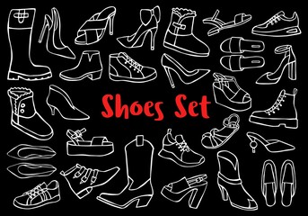 Hand drawn doodle shoes, pumps, boots, sneakersin chalkboard style