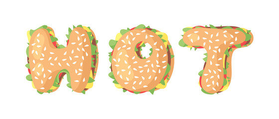 Hand Drawn Cartoon Burger Alphabet Fast Food Vector Font. Tasty Illustration Meal and Text. Flat Style Collection