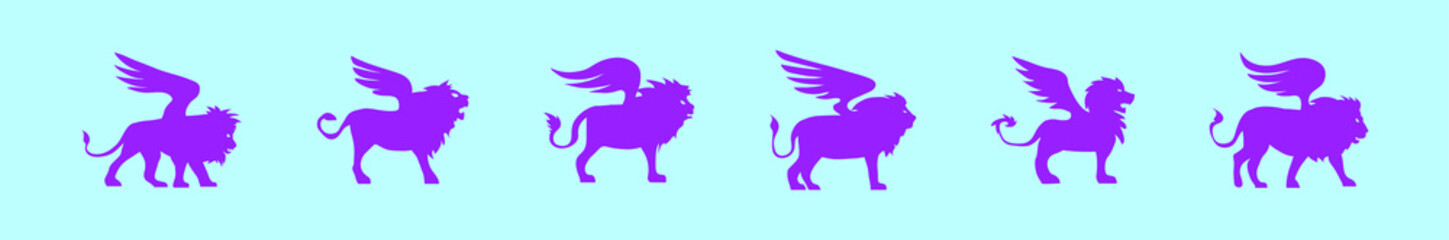 set of winged lion cartoon icon design template with various models. vector illustration isolated on blue background