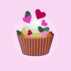Cupcake with cream and pink hearts. On a pink background. Valentine's day illustration