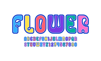 Trendy font, alphabet in the cartoon style, modern rounded letters and numbers, vector illustration 10EPS