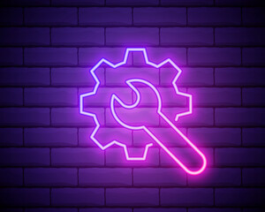 gear settings wrench outline icon in neon style. Elements of car repair illustration in neon style icon. Signs and symbols can be used for web, logo, mobile app, UI, UX