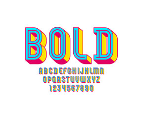 3D modern Font, trendy bright alphabet, condensed letters and numbers, vector illustration 10eps