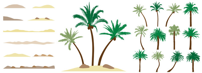 Palm trees, constructor kit. Beautiful palm trees, sand, stone. Collection of element for create beautiful exotic island, beach and etc. Vector illustration.