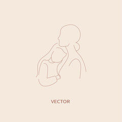 Vector hand drawn mother with girl. Simple line art.