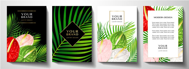 Tropical cover design set with asian flower bouquet and green palm branch. Exotic vector background pattern useful for wedding, menu, summer holiday poster