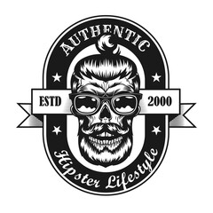 Black and white hipster style label vector illustration. Retro emblem with bearded skull in glasses for barbershop on white background. Hipster lifestyle concept can be used for retro template