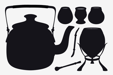 Yerba Mate. Set Silhouettes of Teapot, Calabashes and Bombilla