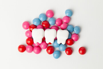 Sweet candies and caries, care and health of children's teeth.