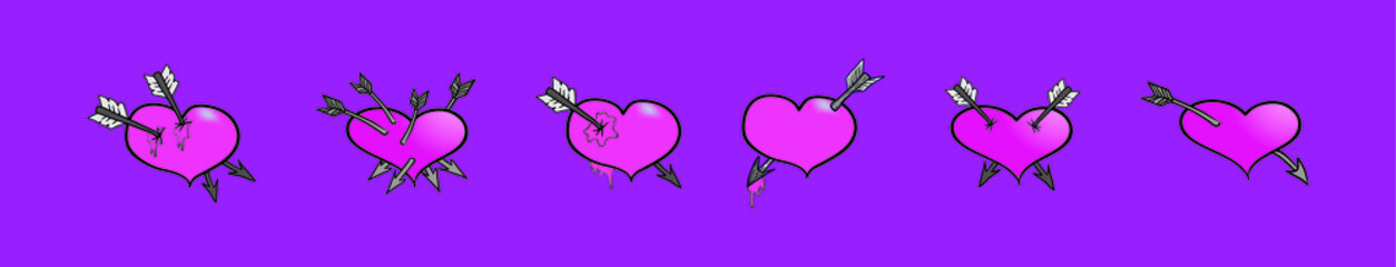 set of arrow through heart cartoon icon design template with various models. vector illustration isolated on purple background