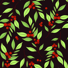 Cranberry seamless pattern. Cranberry twigs on dark red background. Berry design for wrapping paper, packaging, fabric, textile. - 410916745