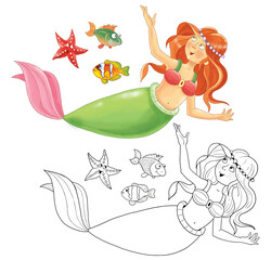 The little mermaid. Fairy tale. Coloring page. Illustration for children. Cute and funny cartoon characters isolated on white background