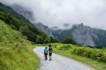 Obraz premium dos niños andando por la pista de Anapia a prados de Sanchese, trekking de las Golondrinas, Lescun, región de Aquitania, departamento de Pirineos Atlánticos, Francia